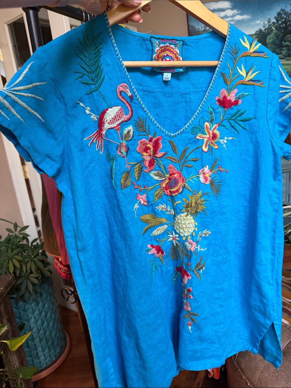 Johnny Was Turquoise Embroidered V-Neck Linen Tunic